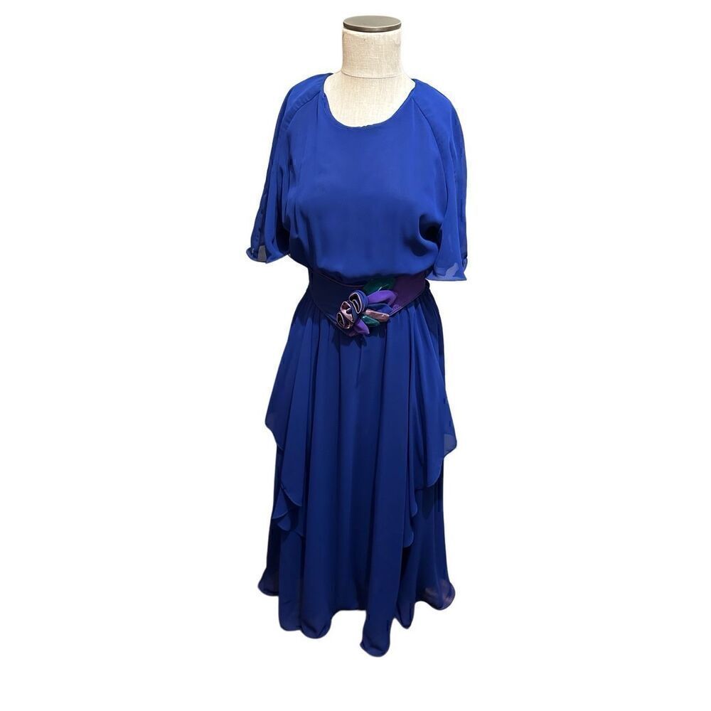 Vtg 80s Spencer Alexis Blue Chiffon Ruffle Dress with Floral Belt USA Made 10